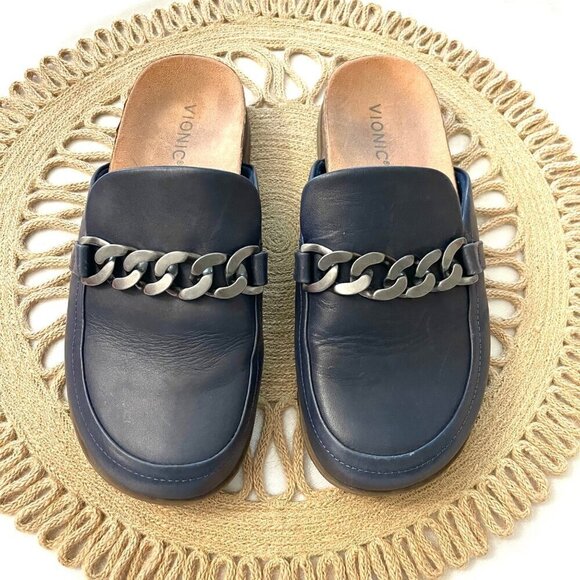 Vionic Georgie Navy Leather Chain Slip-On Mules Size 8.5 - Picture 3 of 10
